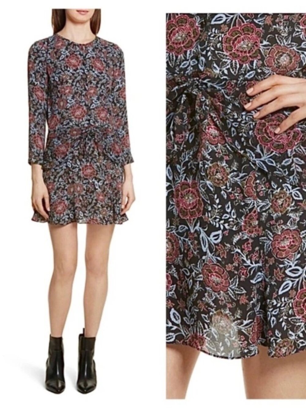EUC Veronica Beard Silk Tie Waist Floral Dress Black Size 2